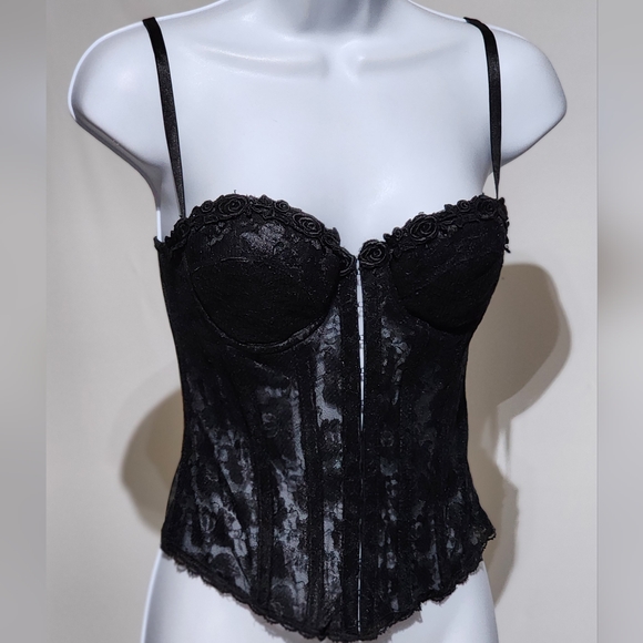 Vintage 80's 90's SHIRLEY Black Lace Sheer Corset Top 34 - Picture 2 of 5